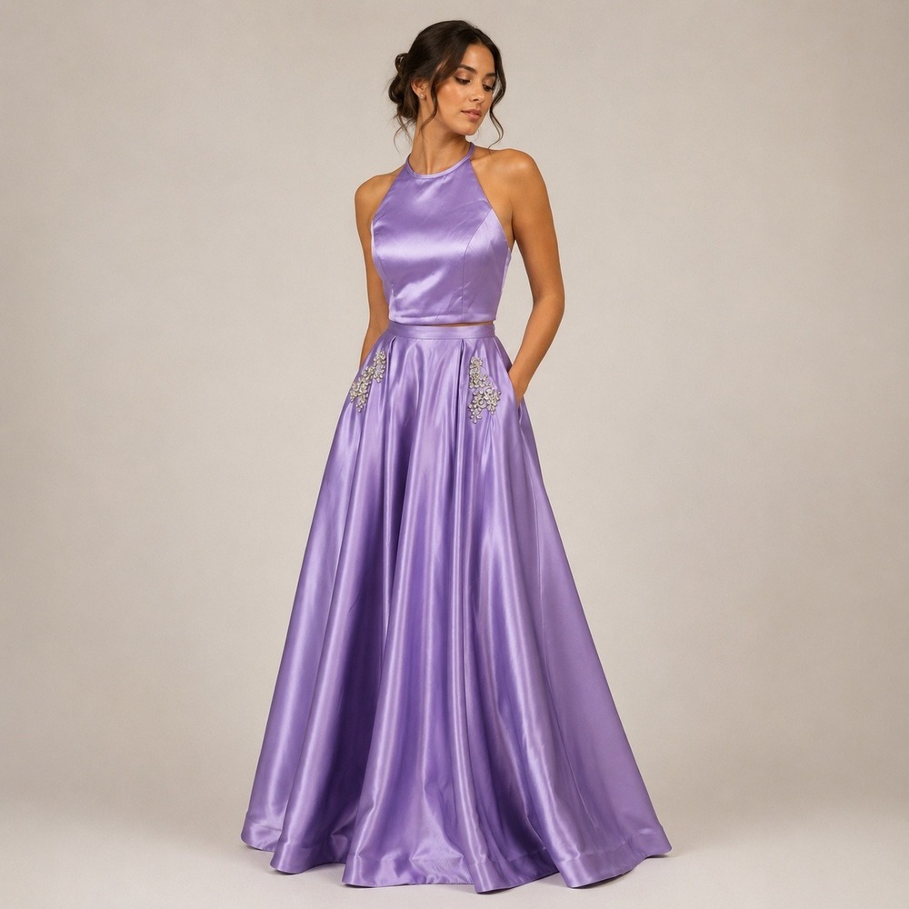 Sherri Hill 2 Piece Prom Dress Sz 6 Lavender Satin Rhinestone Gown Quinceanera